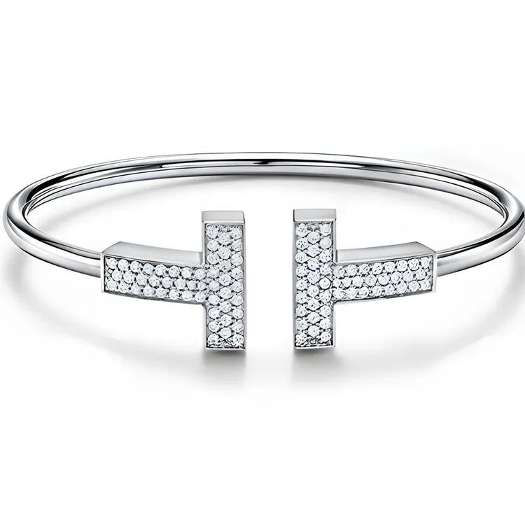 925银戒指 925银双T戒指轻奢时尚百搭欧美简约带钻镶嵌满钻