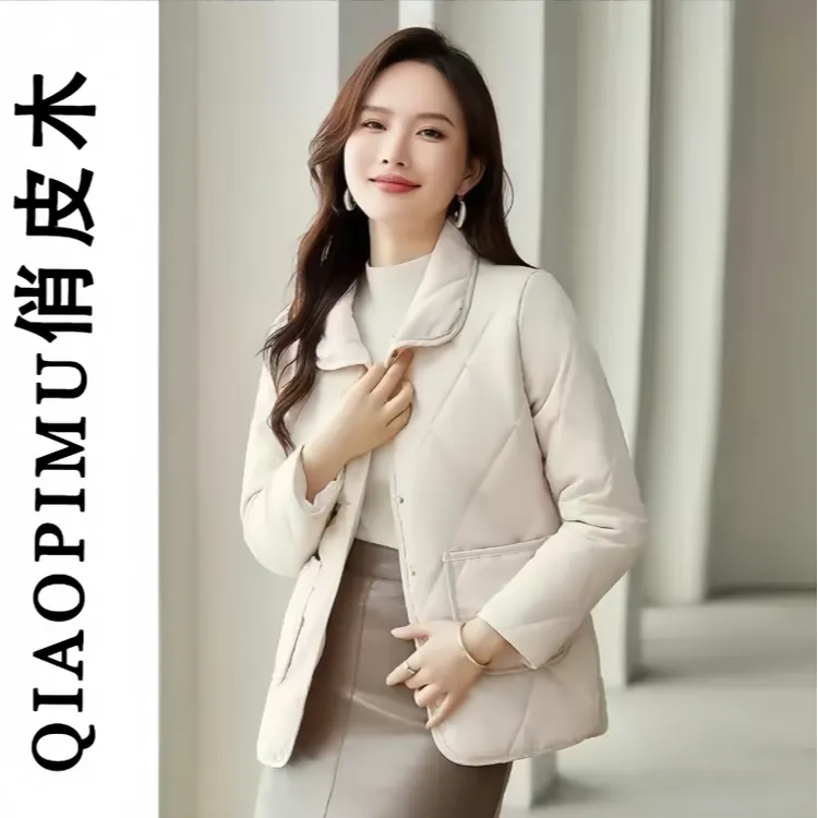 春秋新款翻领复古菱格短款棉衣时尚保暖棉服外套