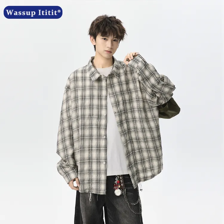  WASSUP ITITIT秋季新款翻领格子长袖衬衫格纹外套男韩版时尚衬衣