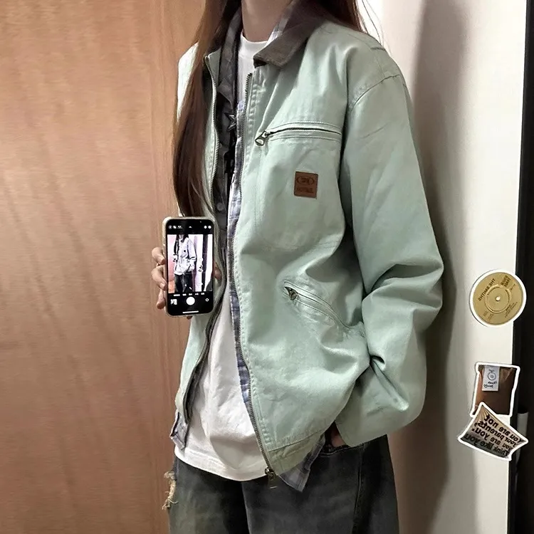 日系复古底特律夹克男女春秋翻领宽松工装外套