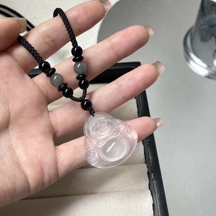 天然弥勒佛女款大肚佛可调节锁骨链玛瑙项链冰透种吊坠男女款送礼