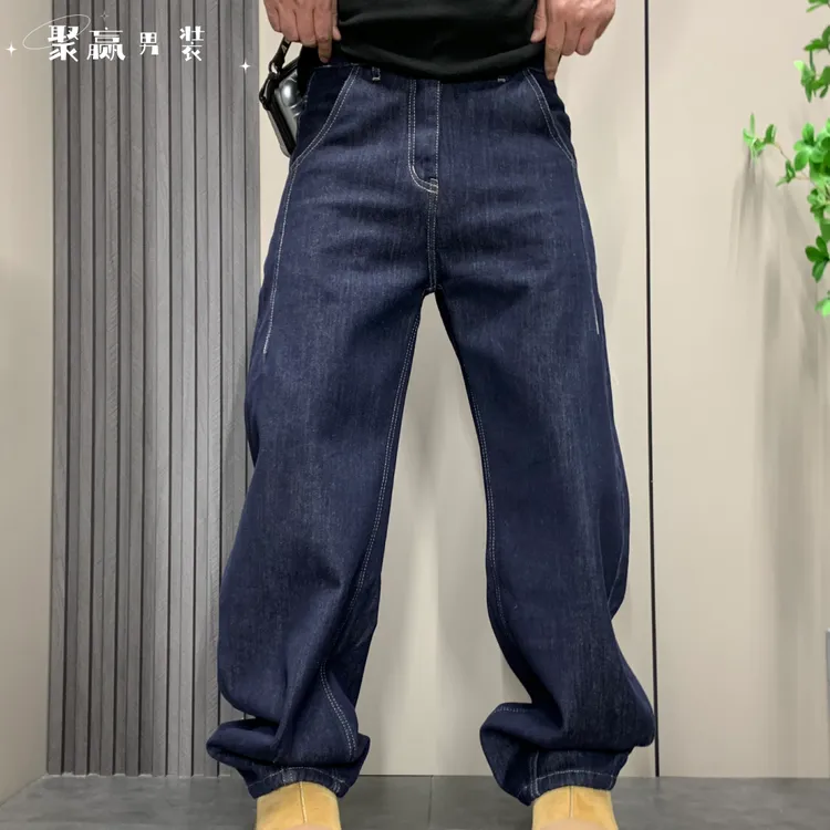 秋冬美式复古原色丹宁加绒弯刀牛仔裤男女潮牌宽松香蕉直筒长裤子