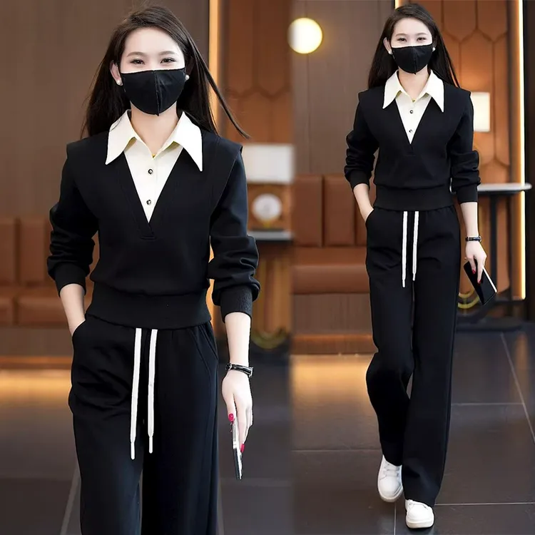 休闲运动套装女2025春季新款时尚洋气假两件polo上衣阔腿裤两件套