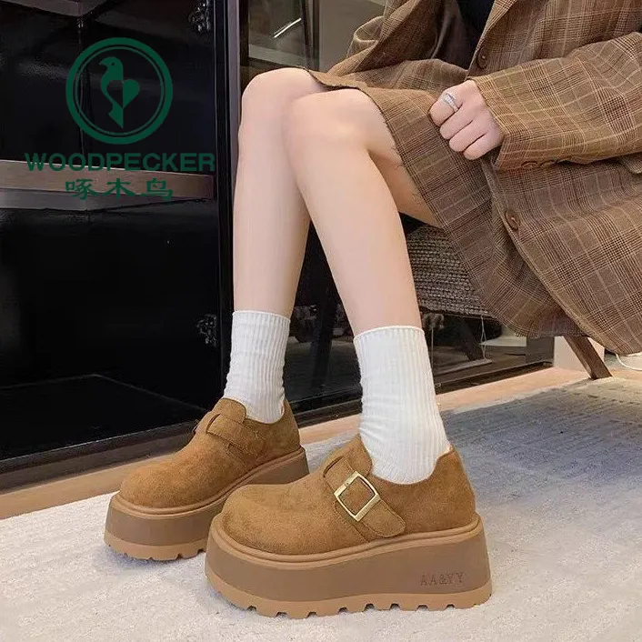 啄木鸟小个子增高厚底勃肯鞋女2025春秋新款加绒大头丑萌乐福单鞋