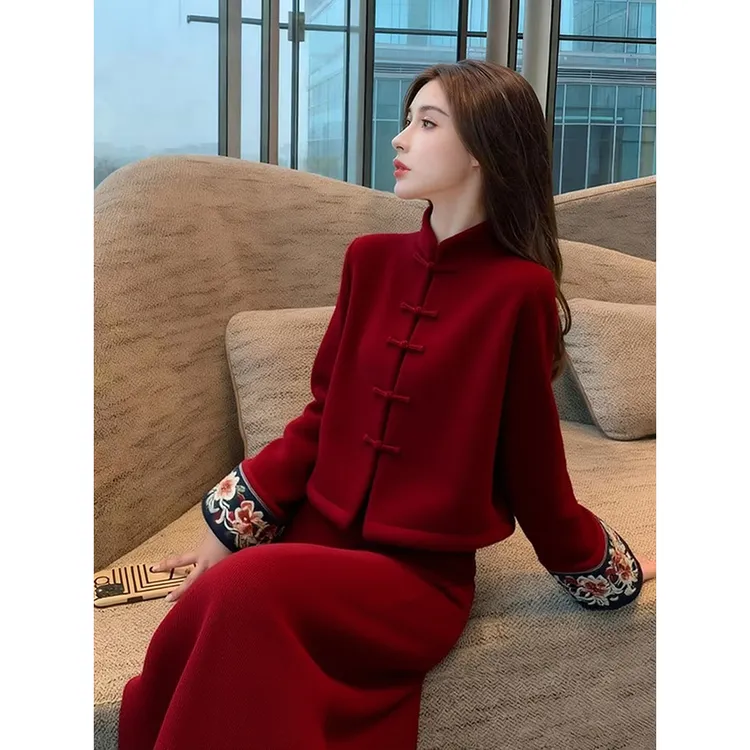 新中式国风红色呢子套装女2025新款秋冬穿搭毛呢上衣半身裙两件套