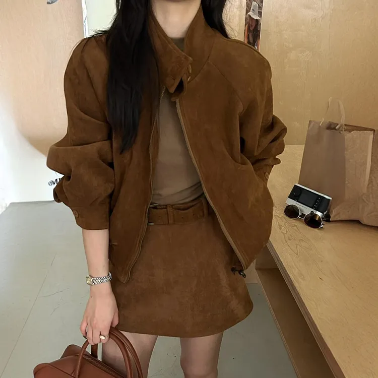 港风复古洋气夹克套装女2025秋季新款时尚宽松休闲外套半裙两件套