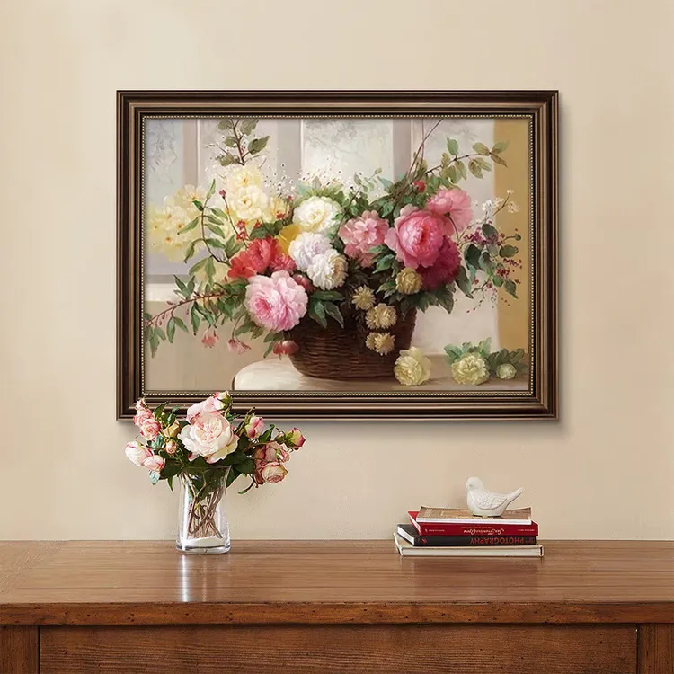 美式餐厅装饰画牡丹花开油画客厅挂画欧式玄关高级感壁画2025新款