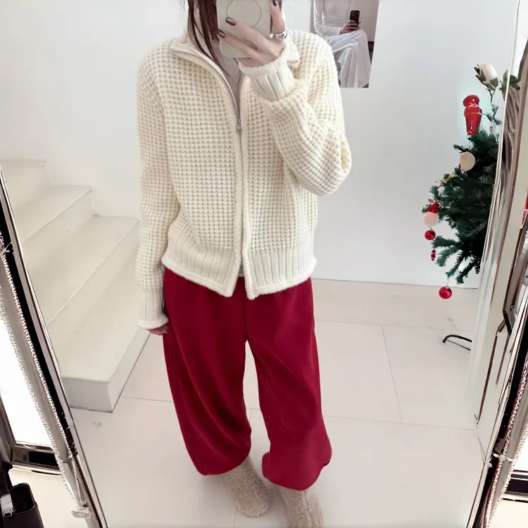 全羊毛针织简约拉链衫纯色宽松上衣粗针休闲风设计款秋冬新款女