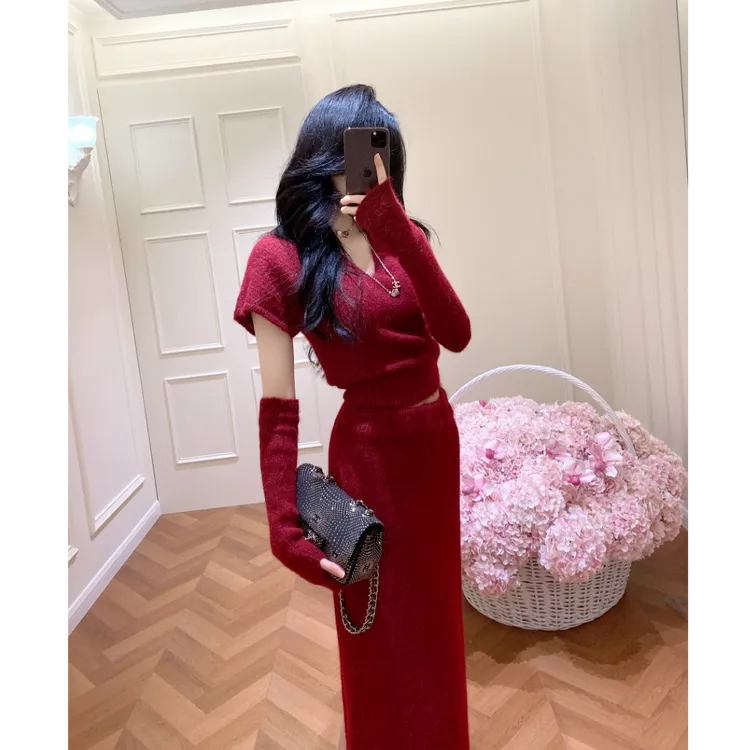 温柔风甜美简约通勤韩版时尚套装开叉针织V领毛衣百搭礼服三件套