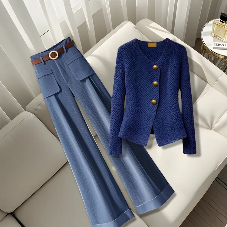 慵懒风秋季套装新款简约针织开衫毛衣女百搭阔腿裤时尚休闲两件套