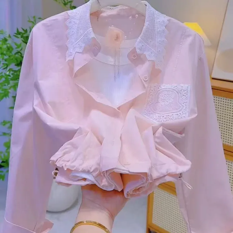 2025春季新品蕾丝花边领拼接衬衫女设计感小众洋气小个子宽松上衣
