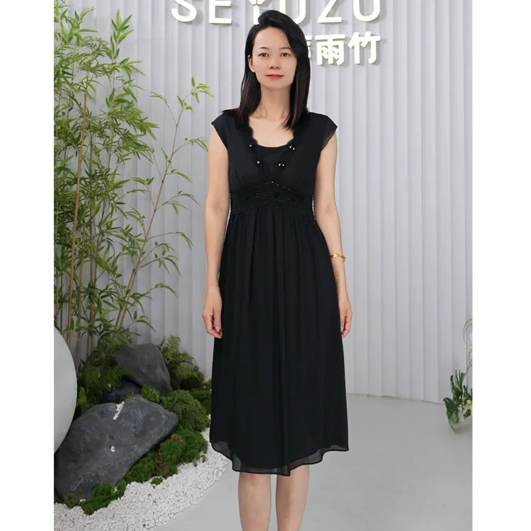 连衣裙V领休闲A字裙显瘦女装中长裙无袖女士短袖气质长裙