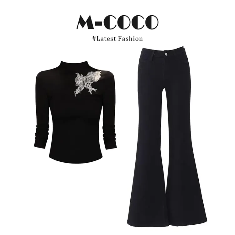 INSCEC新中式蝴蝶结黑色半高领刺绣长袖T恤微喇裤显瘦两件套套装