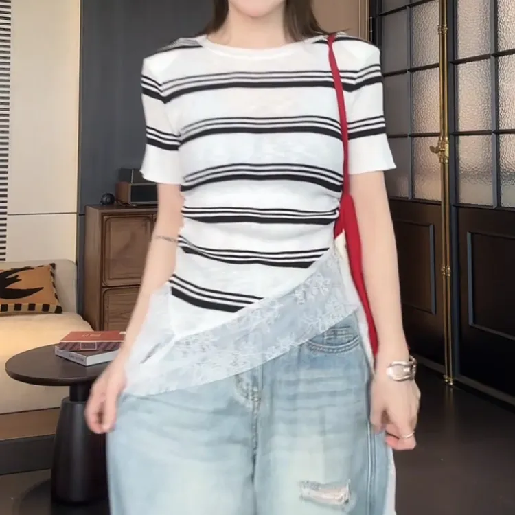 设计感百搭下摆飘带蕾丝不规则短袖T恤LK2503460