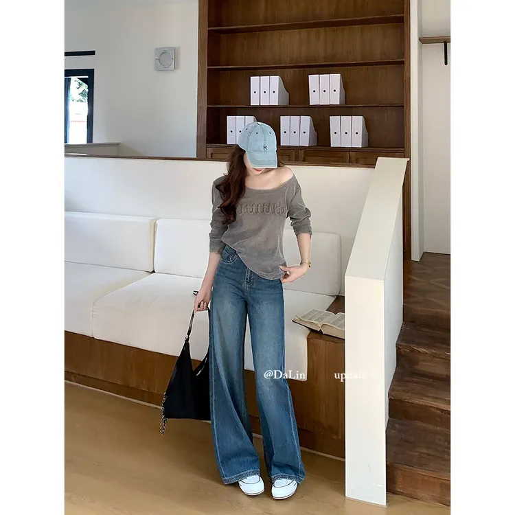 2025早秋新款阔腿裤女高腰牛仔裤女复古设计感YE382