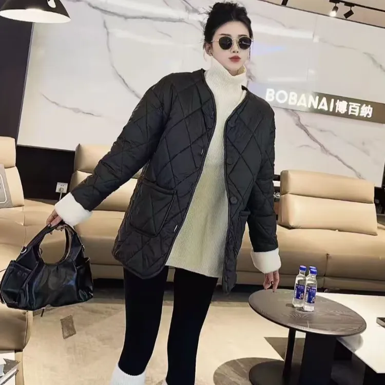 冬季新款无领特体大码230斤可穿时尚菱形格短款棉服外衣外套6011