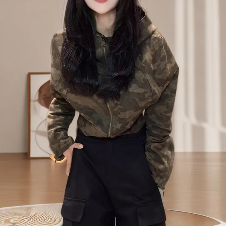 美式迷彩连帽拉链短外套女秋季新款长袖复古修身显瘦辣妹ins上衣