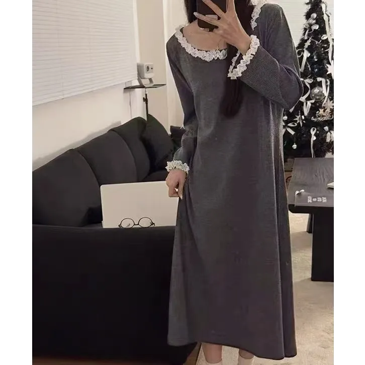 秋冬羊密绒睡裙女高级纯欲风花边美背薄绒长袖德绒保暖气质家居服