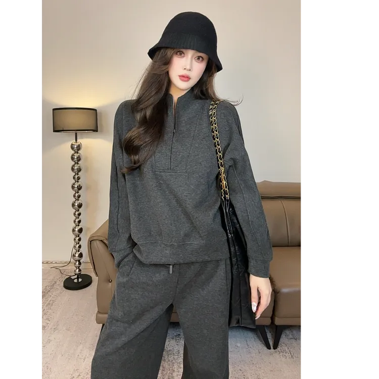 休闲运动慵懒风显瘦加厚半拉链卫衣搭配高腰系带长裤秋冬套装