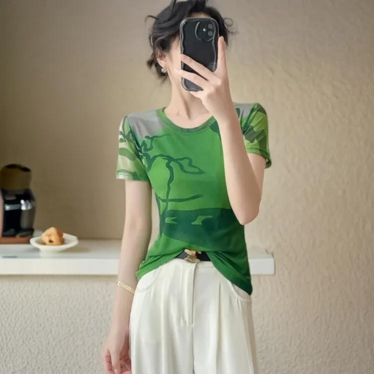 夏季高档洋气衣服修身显瘦t恤短袖女款爆款2025新款正版网纱上衣
