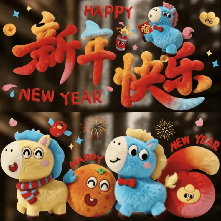 【裸眼5D毛绒视觉质感】马年可爱小马静电贴装饰橱窗玻璃装饰窗花