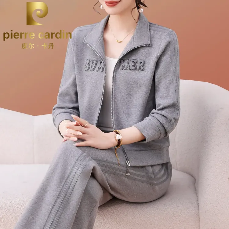 皮尔卡丹秋装灰色运动套装2025新款女士宽松开衫立领外套休闲两件
