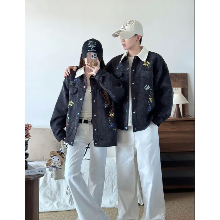 法式情侣装春秋季蓝色花卉刺绣外套小众设计感2025新款高级感夹克