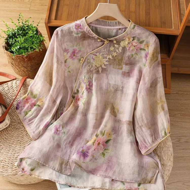 夏季新款宽松麻感新中式五分袖圆领印花刺绣民族风少女