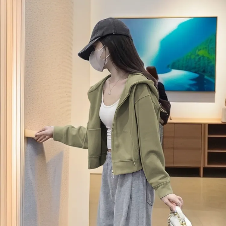 山东即墨连帽卫衣女重磅纯色秋冬加绒开衫外套小个子高腰短款上衣