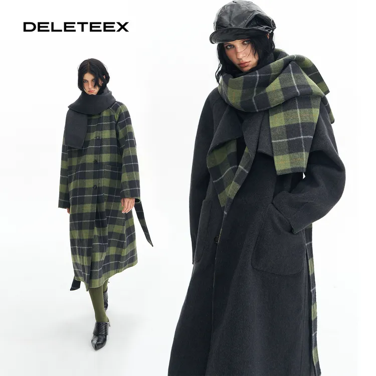 Deleteex原创回到伦敦松弛感羊毛格纹双面呢两面穿长款围巾大衣