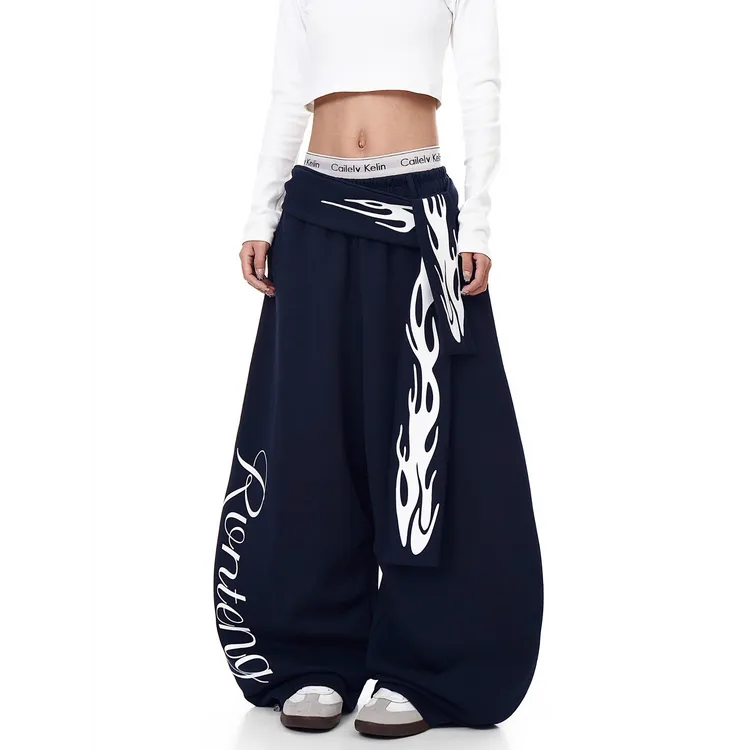 美式复古火焰可拆卸绑带弯刀休闲卫裤女春秋新款爵士舞宽松阔腿裤