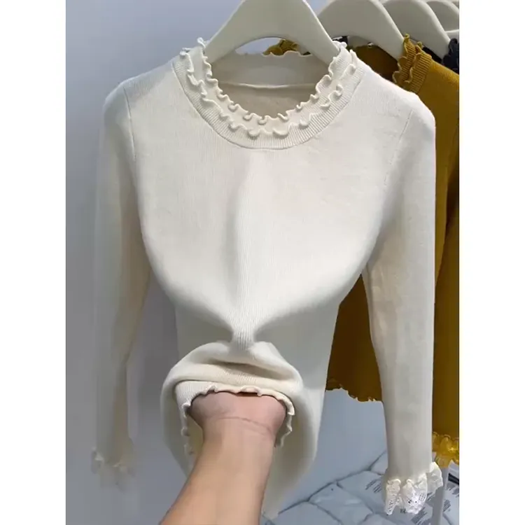 木耳边圆领蕾丝拼接长袖针织衫女冬季新款设计感内搭打底毛衣上衣