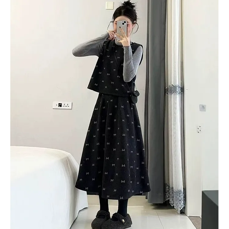 法式小个子香风灰色套装连衣裙子女秋冬季2026新款一整套ootd穿搭