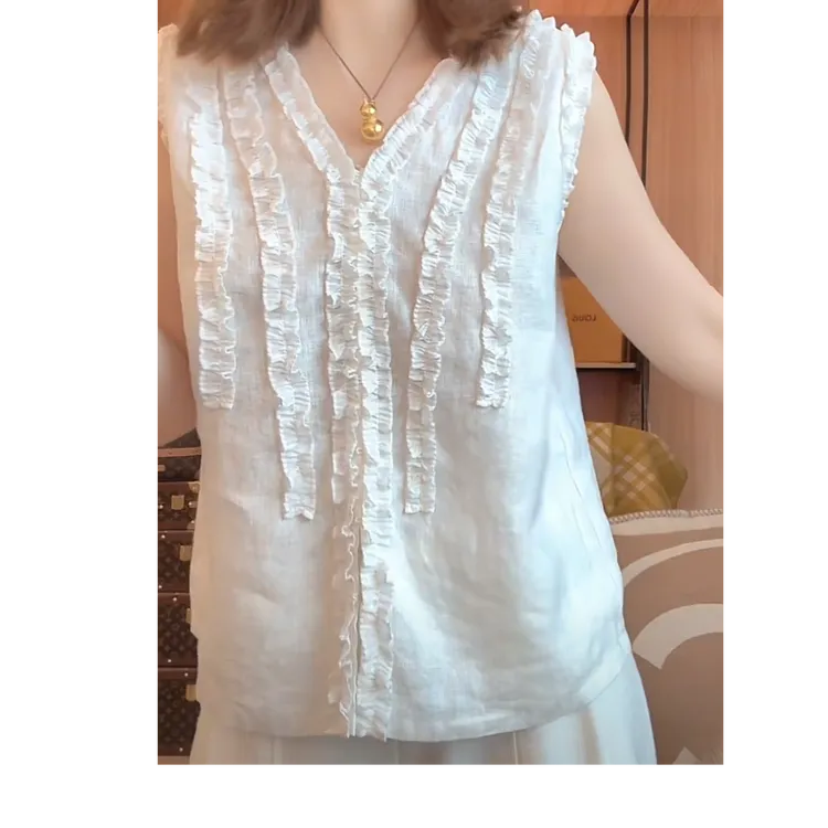 V领设计感花边无袖背心女2025夏季新款轻奢休闲小众百搭通勤上衣