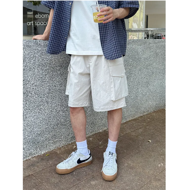 米白休闲工装短裤五分裤夏季2025新款男生纯色裤子宽松简约大口袋