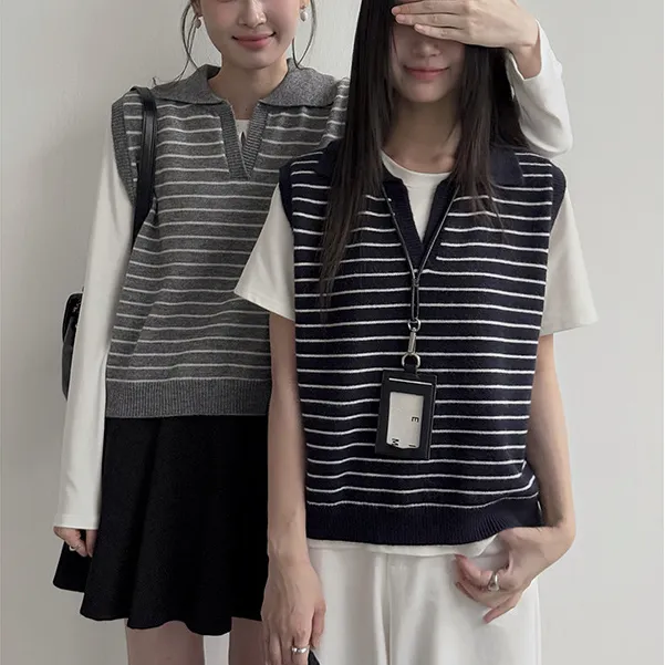 【麦麦专属】有风YFeeling复古polo领条纹背心女秋季新款韩系无袖上衣