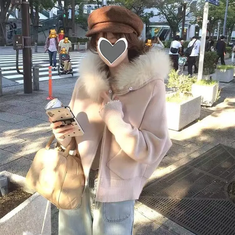 【原厂出货大毛领加绒款】韩系网感韩女显瘦高腰氛围感针织短款外套