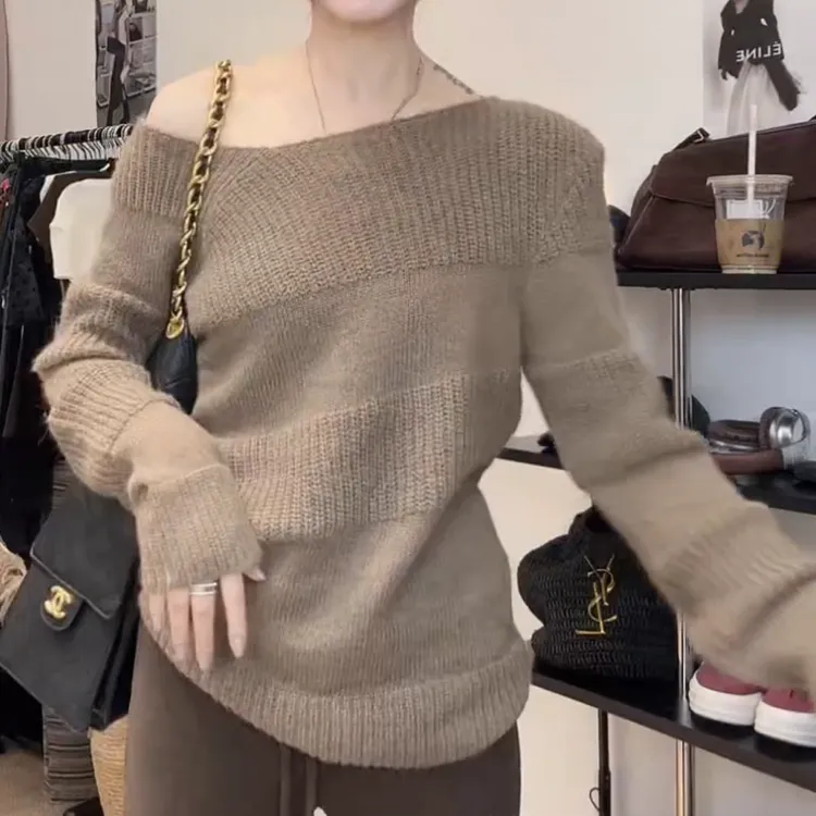 【 淡颜天菜】 2025秋季新款韩系修身百搭斜肩毛衣LK2507186