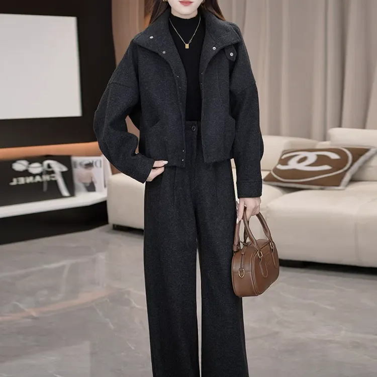 简约风气质立领长袖加厚外套上衣女2025秋冬新款韩系直筒裤两件套