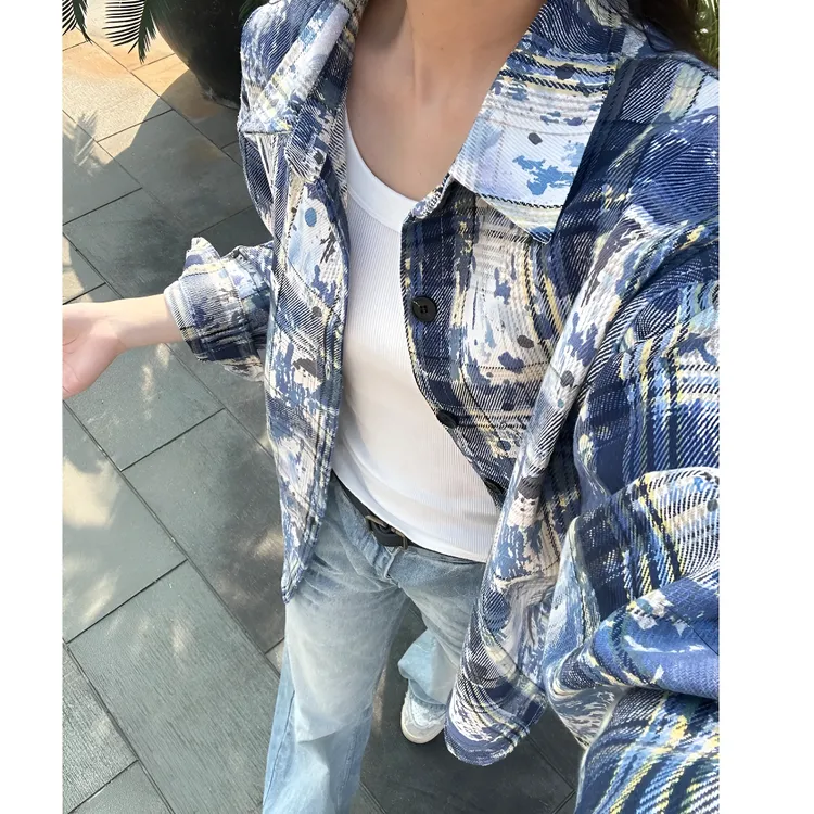 美式复古扎染蓝色格子衬衫男春秋款cleanfit磨毛宽松衬衣情侣外套