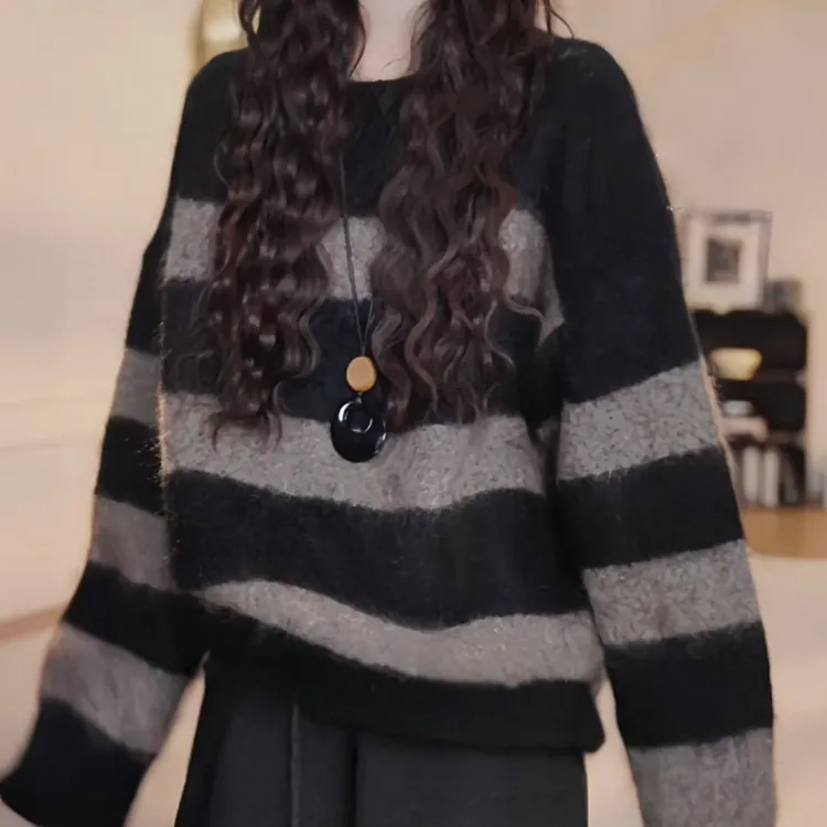 时尚百搭气质衣服欧式加厚磨毛针织小衫显瘦高级感撞色条纹毛衣女
