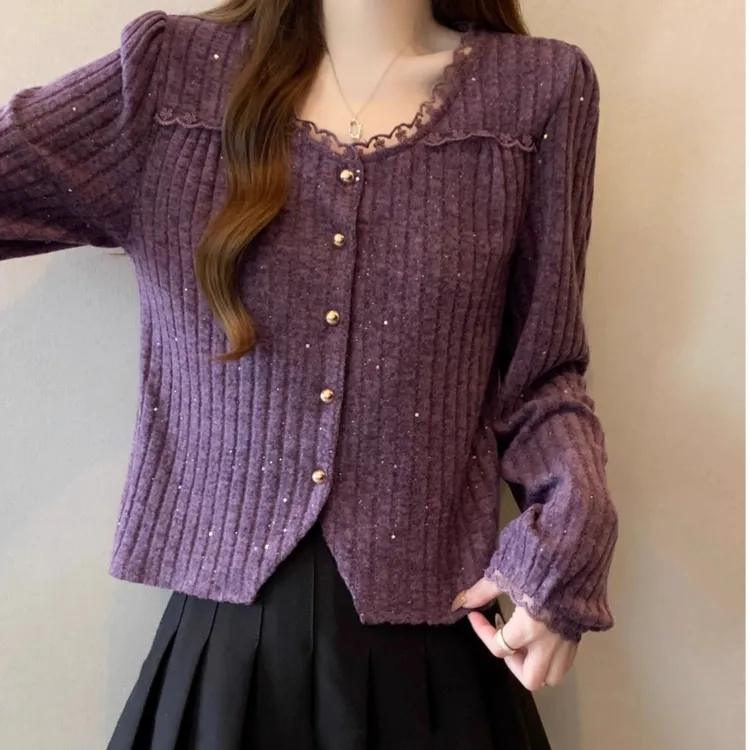蕾丝V领紫色针织衫女2025早秋新款大码微胖mm洋气小衫超好看上衣