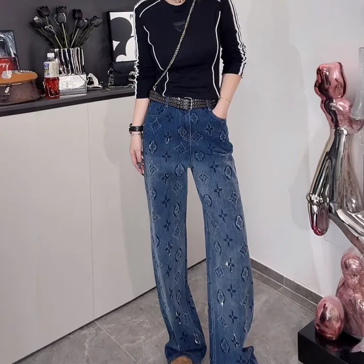 欧货加绒冬季保暖新款高腰显瘦烫钻直筒牛仔裤女垂感阔腿拖地长裤