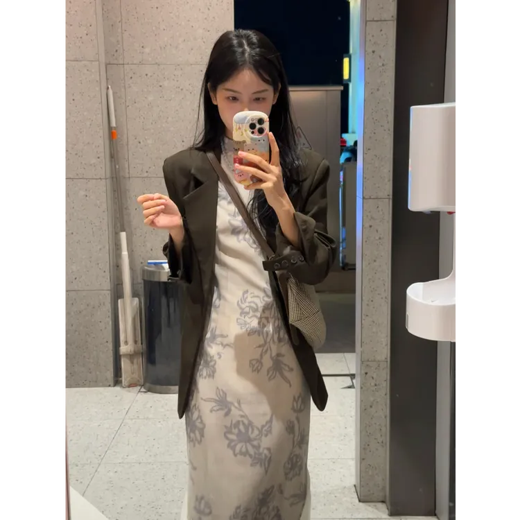 【秋序】2025秋冬新款文艺风百搭西装外套新中式无袖印花旗袍连衣裙