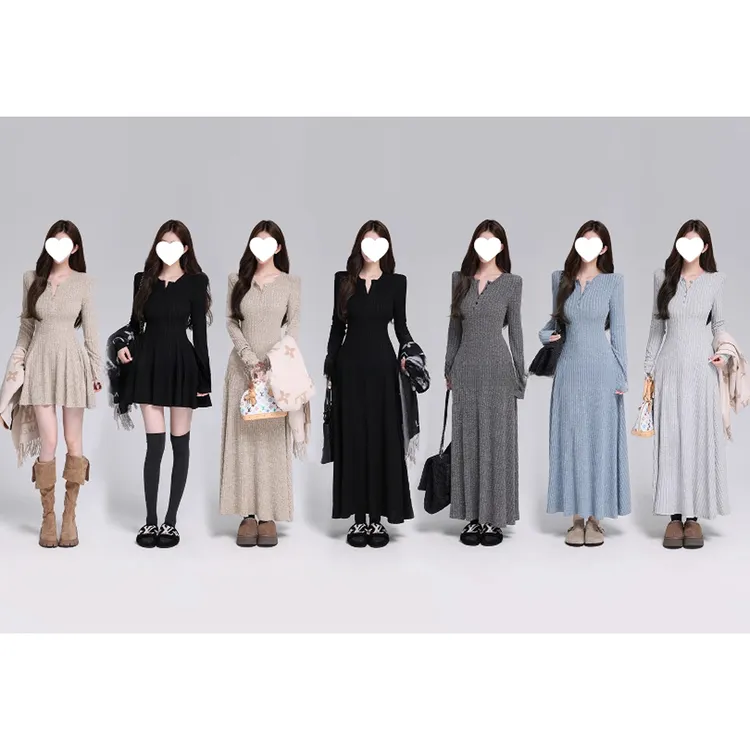 韩漫天菜【原版面料+垫肩】磨毛坑条针织连衣裙气质收腰款女装