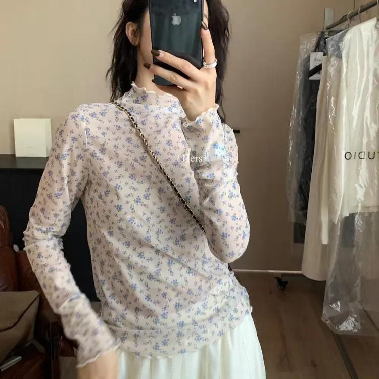 打底叠穿必备~韩系半高领网纱碎花打底衫2025秋冬叠穿内搭上衣