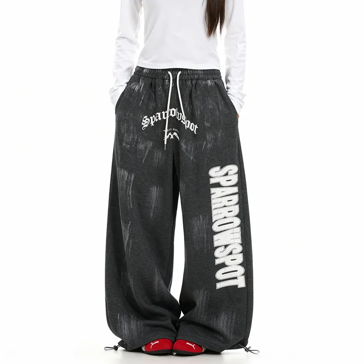 ORDERSTAGE美式做旧字母印花抽绳阔腿裤女宽松百搭拖地休闲长裤潮
