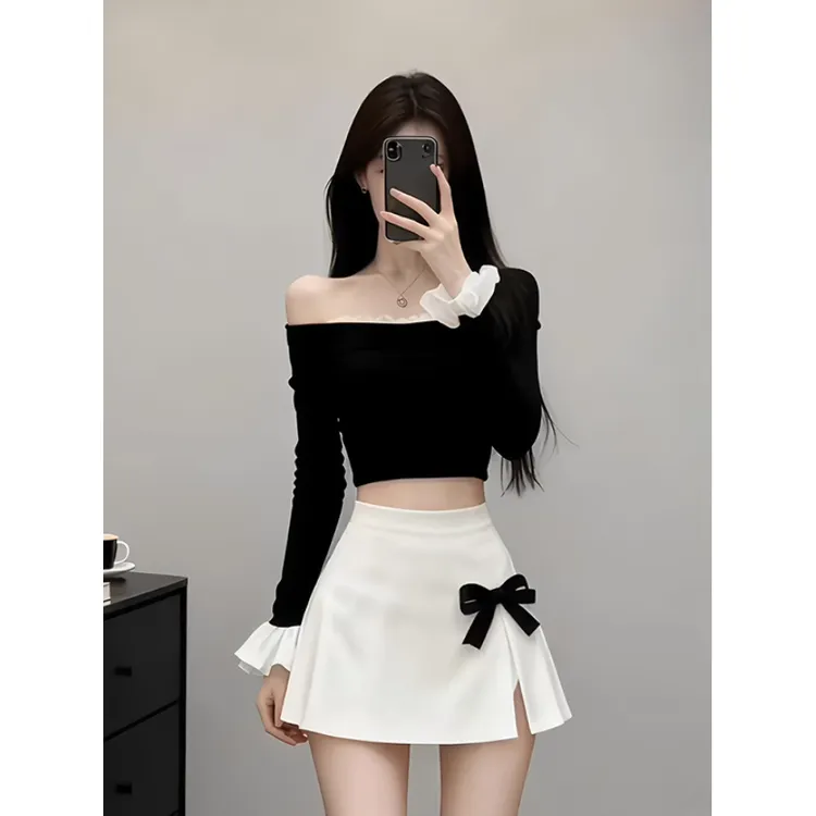 新款纯欲黑色一字领露肩抹胸短款长袖上衣+白色高腰半身裙两件套