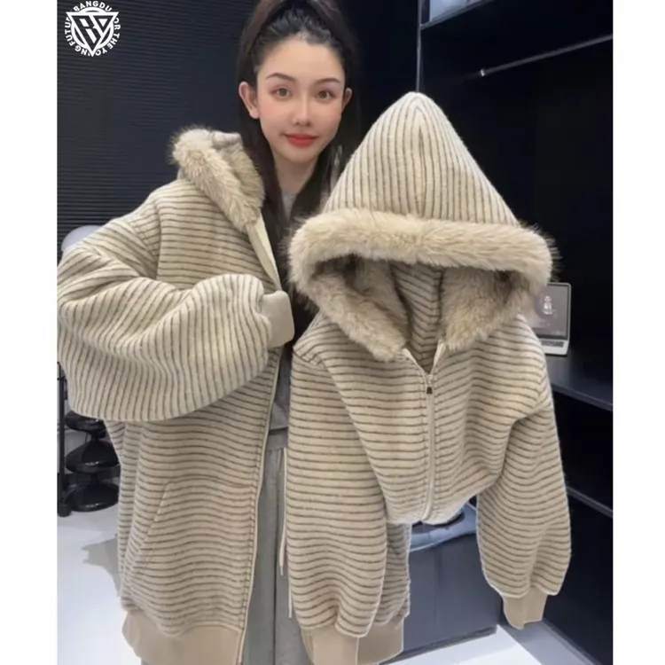 【现货48H】棒嘟优优男女童冬季新款条纹连帽加绒儿童休闲外套105