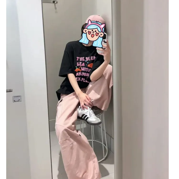 纯棉黑色百搭印花短袖t恤女夏季薄款ins圆领潮牌宽松美式半袖上衣
